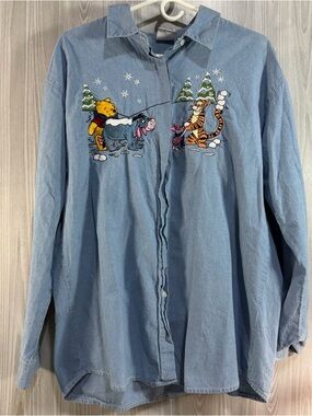 The Disney Store Vtg Winnie The Pooh & Friends Embroidered Denim Shirt Sz XL